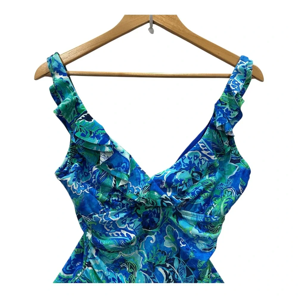 Lauren Ralph Lauren Blue Green Tropical Paisley Ruffle One Piece Swimsuit 12